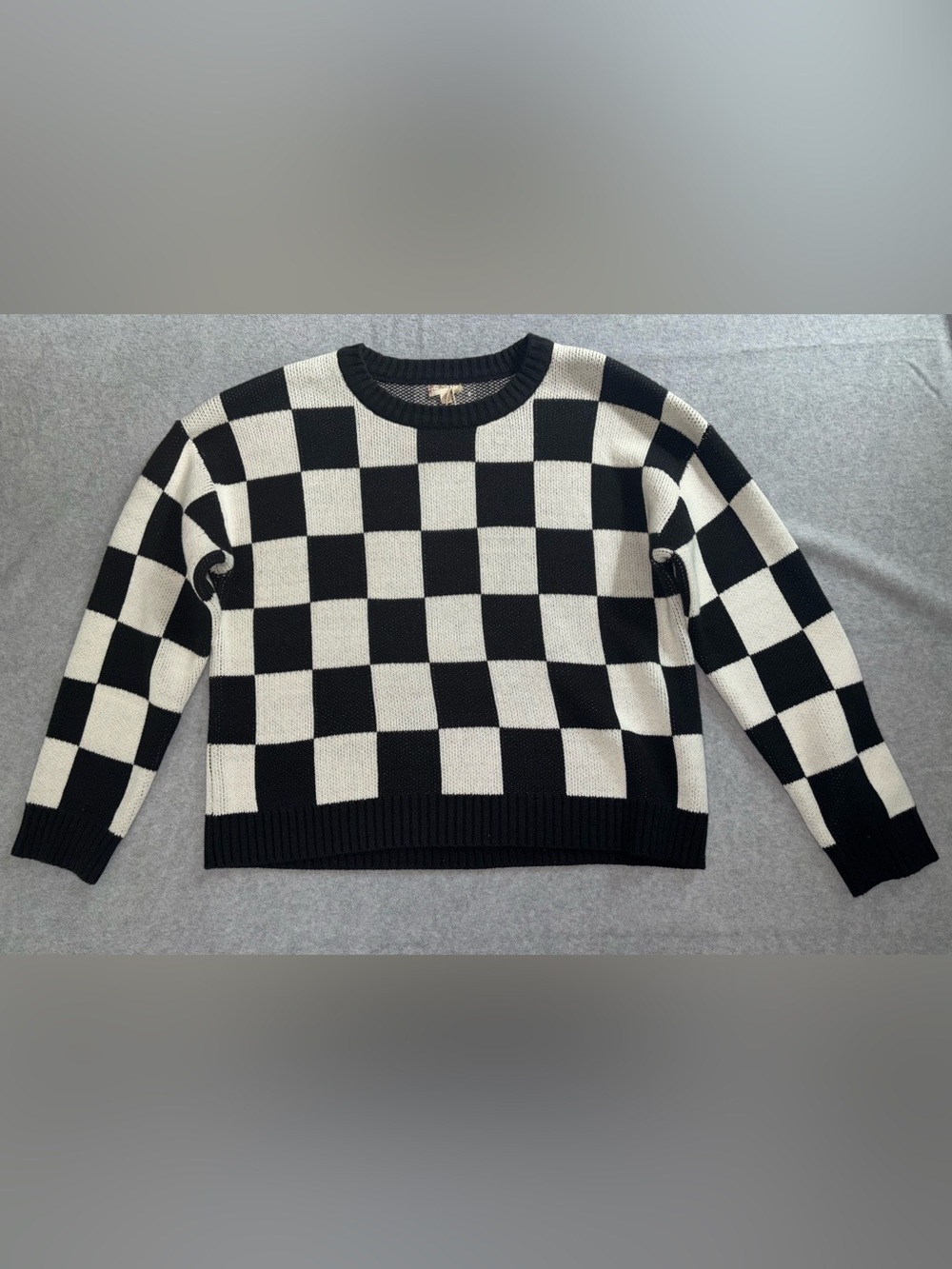 Hem & Thread Black & White Checkerboard Knit Crewneck Sweater